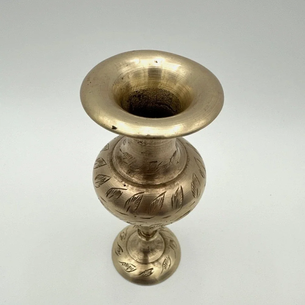 Vintage Brass Bud Vase Pedestal Base Etched Floral Leaf Boho Accent Decor 5